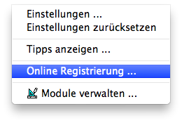 Menu - Extras - Online Registrierung
