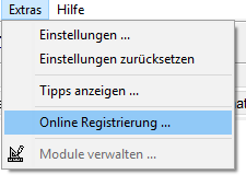 Menu - Extras - Online Registrierung