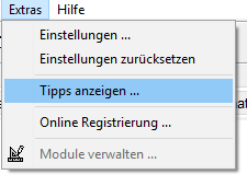 Menu - Extras - Tipps anzeigen