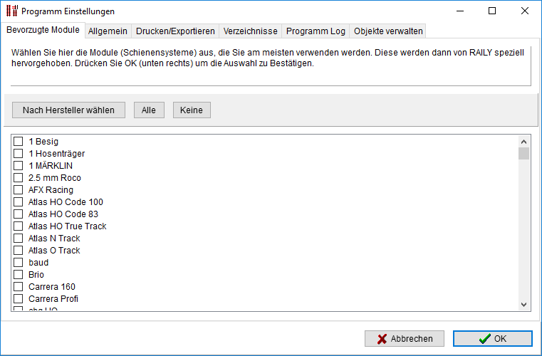 Dialog - Einstellungen - Bevorzugte Module