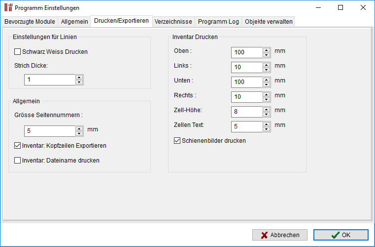 Dialog - Einstellungen - Drucken und Export