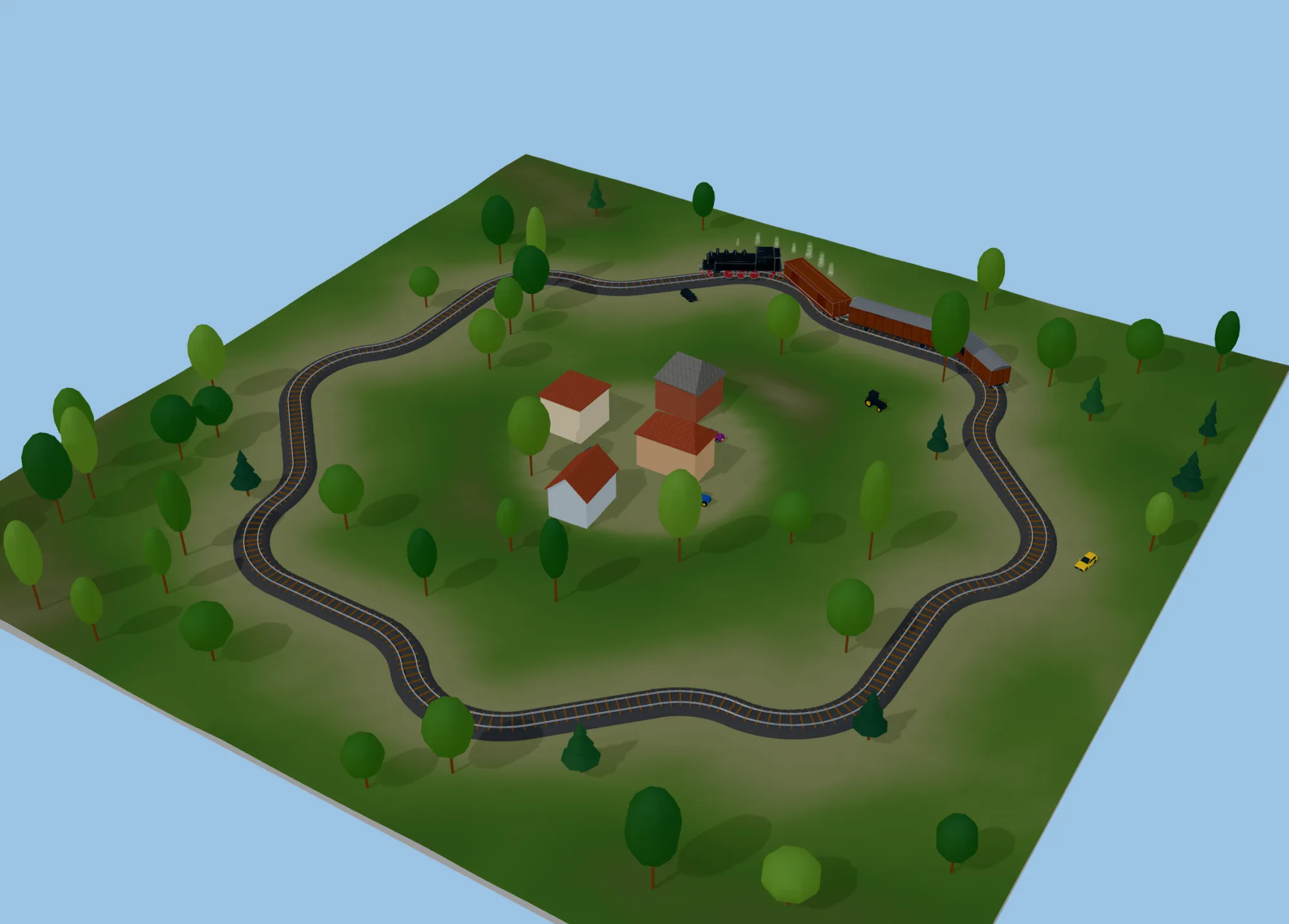 A wooden Brio star layout in green hills